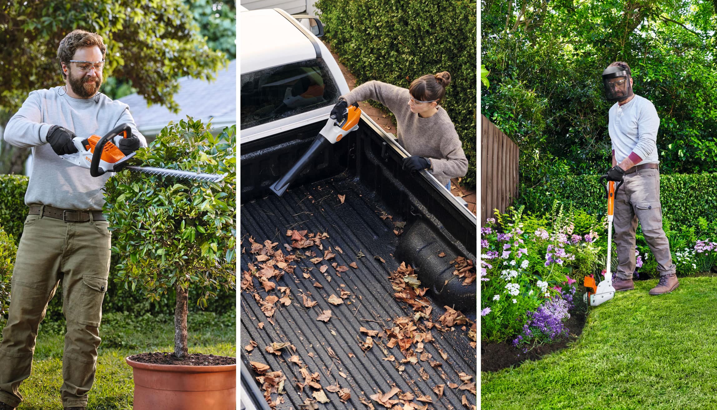 STIHL Geräte im AS-System, Akku-Heckenschere HSA 40, Akku-Handsauger SEA 20, Akku-Motorsense FSA 30