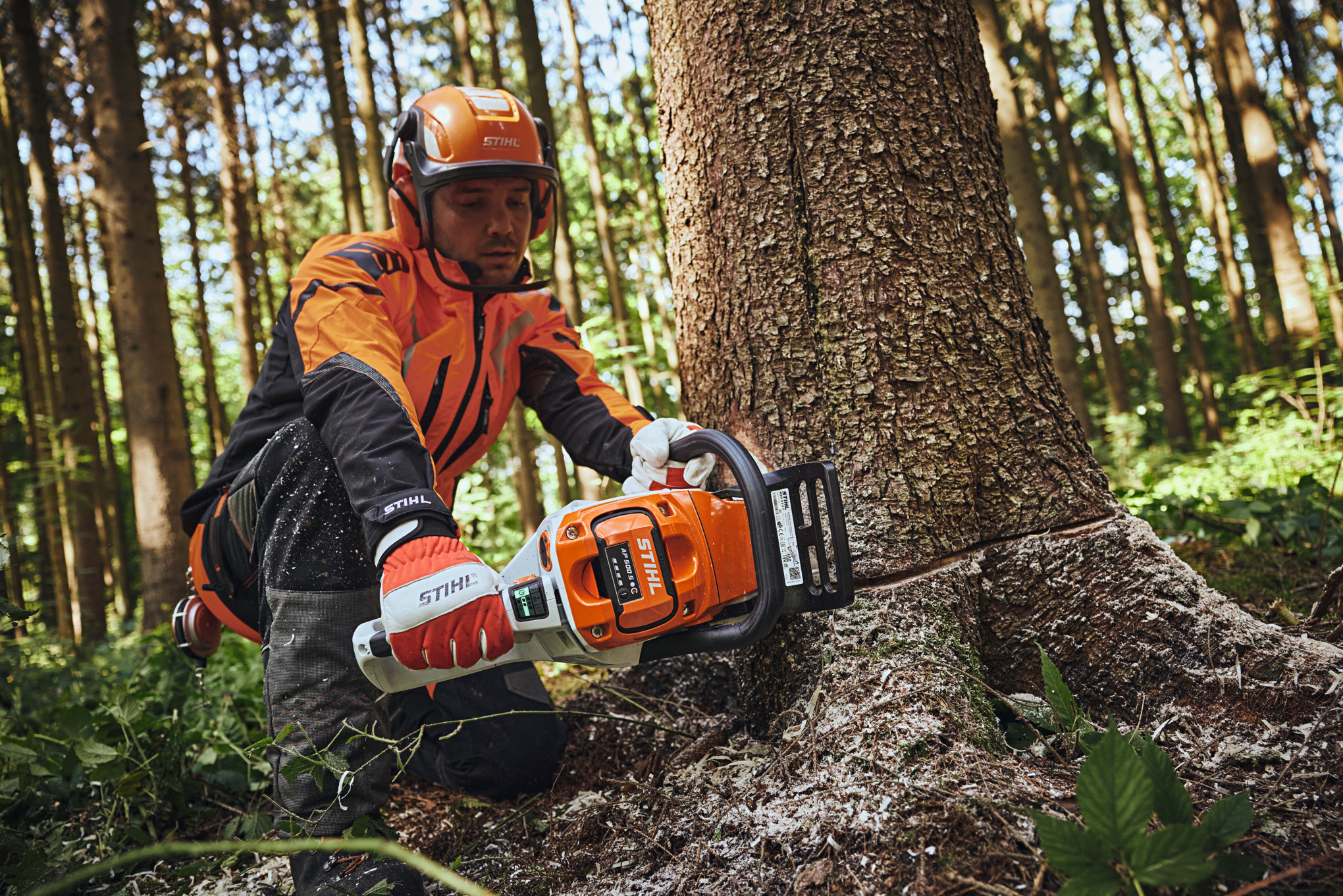 Uomo munito di dispositivi di protezione individuale STIHL che taglia un tronco d'albero