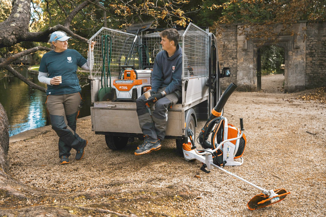 The landscaping team taking a break while the ALLPRO batteries charge.