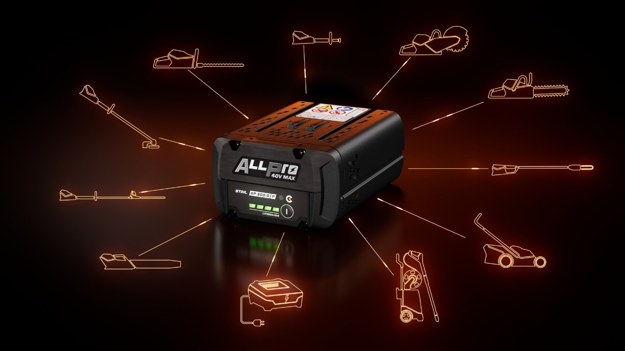 Batteria STIHL ALLPRO AP 300 P C circondata da diverse icone delle categorie di prodotti compatibili